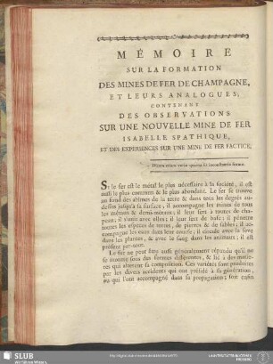 Mémoire Sur La Formation Des Mines De Fer De Champagne, Et Leurs Analogues; Contenant Des Observations Sur Une Nouvelle Mine De Fer Isabelle Spathique, Et Des Expériences Sur Une Mine De Fer Factice