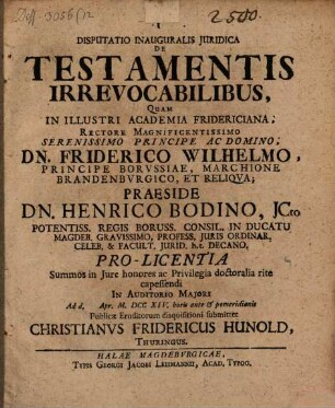 Disputatio Inauguralis Juridica De Testamentis Irrevocabilibus
