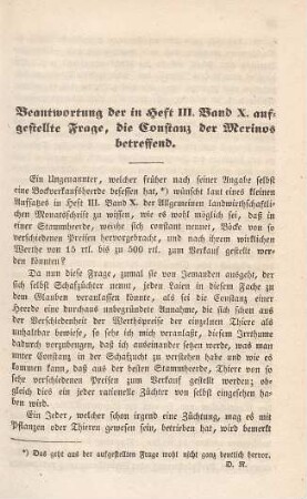 Beantwortung der in Heft III. Band X. aufgestellte Frage, die Constanz der Merinos betreffend.