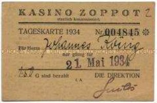 Namentlich ausgestellte Tageskarte für das Kasino in Zoppot - Familienkonvolut