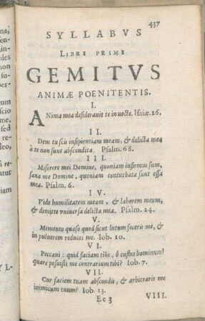 Syllabvs Libri Primi Gemitvs Animæ Poenitentis.