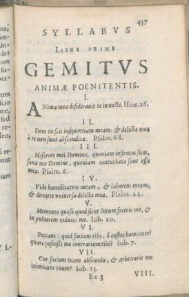Syllabvs Libri Primi Gemitvs Animæ Poenitentis.