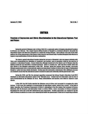Eritrea : freedom of expression and ethnic discrimination in the educational system