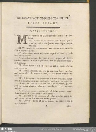 De Gravitate Omnium Corporum. Liber Primus