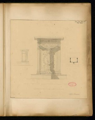 Rednerpult für den Architekten-Verein Monatskonkurrenz Juli 1870: Variante II: Grundriss, Aufriss Vorderansicht, Seitenansicht; Maßstabsleiste