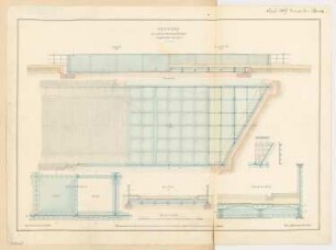 Eiserne Straßenbrücke Monatskonkurrenz August 1869: Grundriss, Aufriss (Seitenansicht), Längsschnitt, Querschnitt, Details; 2 Maßstabsleisten