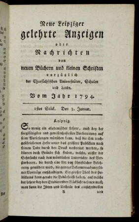 1stes Stück. Den 3. Januar.