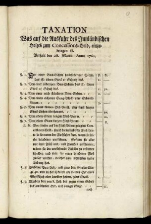Taxation Was auf die Ausfuhr des Innländischen Holzes zum Concessions-Geld, einzubringen ist : Verfaßt den 26. Martii Anno 1760