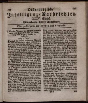 XXXV. Stück. Sonnabends: den 29. August 1778.