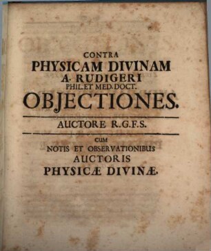 Obiectiones contra physicam divinam Andr. Rudigeri