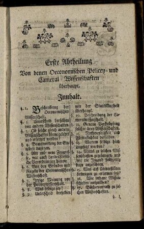 Erste Abtheilung Von denen Oeconomischen Policey- und Cameral-Wissenschaften überhaupt.
