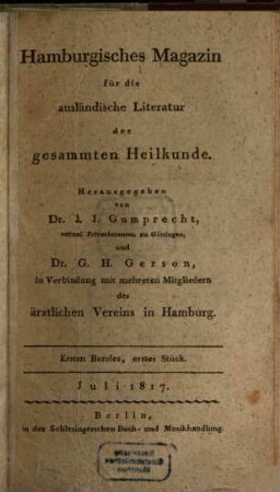 Hamburgisches Magazin für die ausländische Literatur der gesammten Heilkunde, 1. 1817