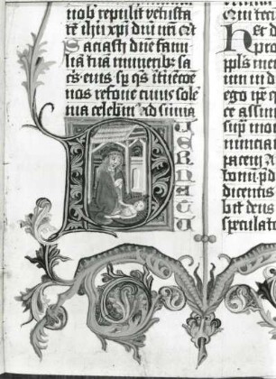 Initiale D mit Binnenzeichnung (Geburt Christi) und Rankenwerk. Illuminierte Seite des Missale Romanum. Buchmalerei, 6,5 x 5,8 cm (Initiale) bzw. 19,5 x 12,5 (Gesamtaussschnitt). Schlesien, 15. Jahrhundert