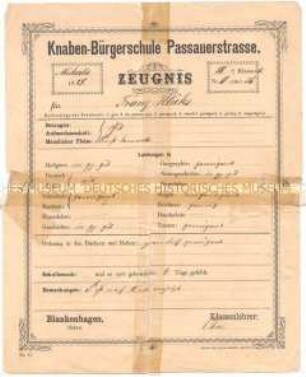 Zeugnis der dritten Klasse von Franz Klühs - Nachlass