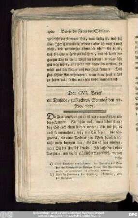 Der CVI. Brief an Dieselbe, zu Rochers, Sonntag den 22. Nov. 1671.