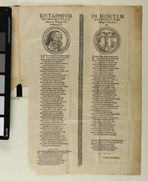 Epitaphium|| Reverendi Et Cla-||rissimi viri Philippi Me-||lanthonis &c.|| - In Mortem|| Reverendi Viri|| Philippi Melantho-||nis.