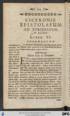 Ciceronis Epistolarum Ad Torquatum, Et Alios, Liber VI.
