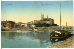 Meißen. Elbe mit Dampfer, Segelschiff , Burgberg
