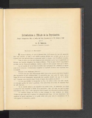 Introduction á l'Etude de la Psychiatrie.