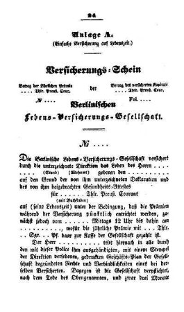 Anlage A. Versicherungs-Schein der Berlinischen Lebens-Versicherungs-Gesellschaft
