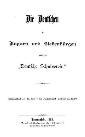 Die Deutschen in Ungarn und Siebenbürgen und der "Deutsche Schulverein"