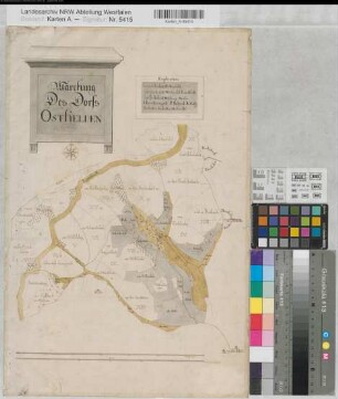 Nassau-Siegen (Fürstentum) ref. Teil Spezialkarten der Gemarkungen Osthelden (Kreuztal) 1720 6000 rh. Fuß = 26,2 cm 51,5 x 34,5 kol. Zeichnung Erich Philipp Plönnies KSA Nr. 789,18