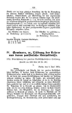 Einrichtung der zweiten Volksschullehrer-Prüfung : [IV. Seminare, etc., Bildung der Lehrer und deren persönliche Verhältnisse]