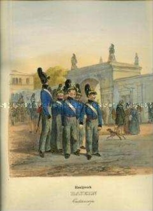 Uniformdarstellung, Kadetten des Kadetten-Korps, Königreich Bayern, 1835. Tafel 385 im Buch: Eckert/Monten: Das deutsche Bundesheer in charakteristischen Gruppen.