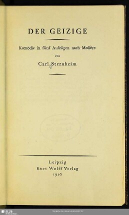 Der Geizige : Komödie in fünf Aufzügen nach Molière