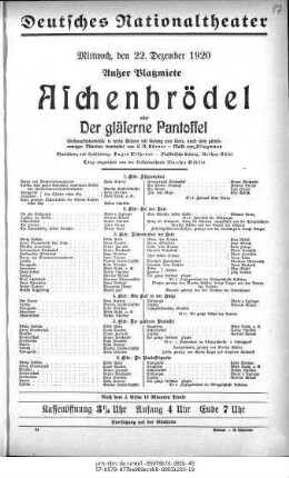 Aschenbrödel oder Der gläserne Pantoffel