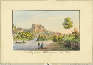 Colditz mit dem Renaissanceschloss oberhalb der Zwickauer Mulde in Mittelsachsen vom Flussufer im Nordwesten