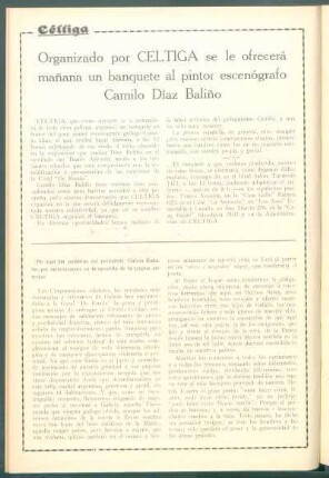 Organizado por Céltiga se le ofrecerá mañana un banquete al pintor escenógrafo Camilo Díaz Baliño