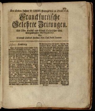 N. LXXXI Freytags den 10. Octob. 1738 - N. LXXXX. Dienstags den 11. Nov. 1738