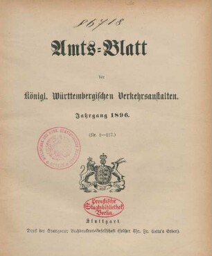 1896: Amtsblatt der Württembergischen Verkehrsanstalten