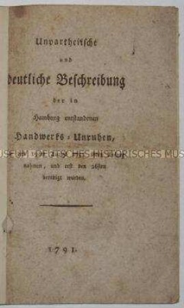 Schrift über die Handwerkerunruhen in Hamburg im Jahre 1791