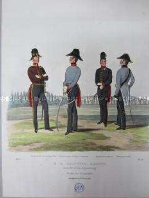 Uniformdarstellung, Offiziere und Gardisten der K.K. Ersten Arcièren-Leibgarde, Ungarischen Leibgarde, der Trabanten-Leibgarde und der Hofburgwache in Feld-Uniform, Österreich, 1840. Tafel aus: Trentsensky: K.K. Oesterreichische Armée nach der neuen Adjustirung.