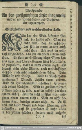 Vorsprache An den großgünstigen Leser insgemein, und an alle Buchhändler und Buchdrucker insonderheit