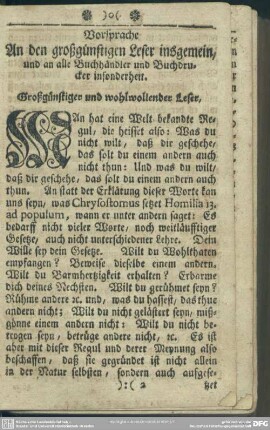 Vorsprache An den großgünstigen Leser insgemein, und an alle Buchhändler und Buchdrucker insonderheit