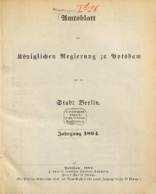 Amtsblatt der Regierung in Potsdam. 1894