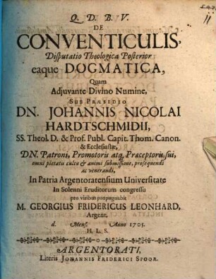 De Conventiculis, Disputatio Theologica ..., Posterior. ... eaque Dogmatica