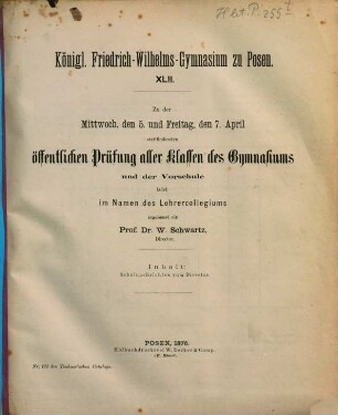 Zu der ... stattfindenden öffentlichen Prüfung ladet ... ergebenst ein. 1875/76