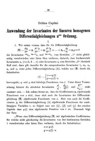 Drittes Capitel - Anwendungen der Invarianten der linearen homogenen Differentialgleichungen nter Ordnung.