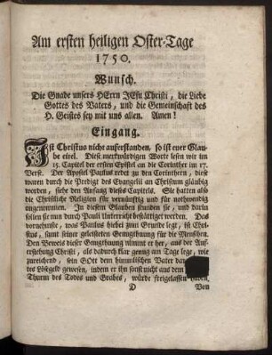 Am ersten heiligen Oster-Tage 1750. Eingang.