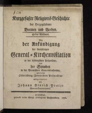 Erster Abschnitt: Kurzgefaßte Religions-Geschichte der Herzogthümer Bremen und Verden