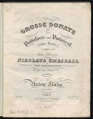 Grosse Sonate für Pianoforte und Violoncell (oder Viola) : 52tes Werk.