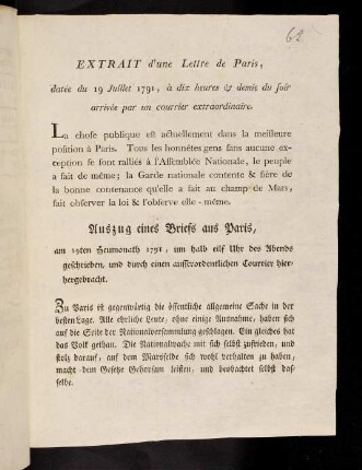 Extrait d'une Lettre de Paris...