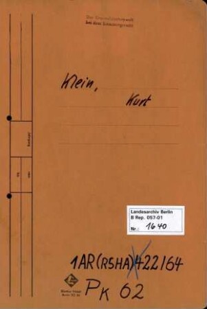 Personenheft Kurt Klein (*15.10.1913, +01.05.1945), SS-Hauptsturmführer
