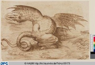 Ein sitzender, nach links gewandter Drache