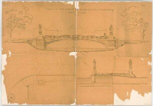 Thiersch, August ; München - Nymphenburg; Ludwig - Ferdinand - Brücke - Teilgrundriss, Ansicht, Schnitt