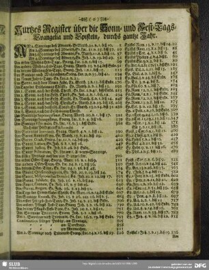 Kurtzes Register über die Sonn- und Fest-Tags-Evangelia und Episteln, durchs gantze Jahr